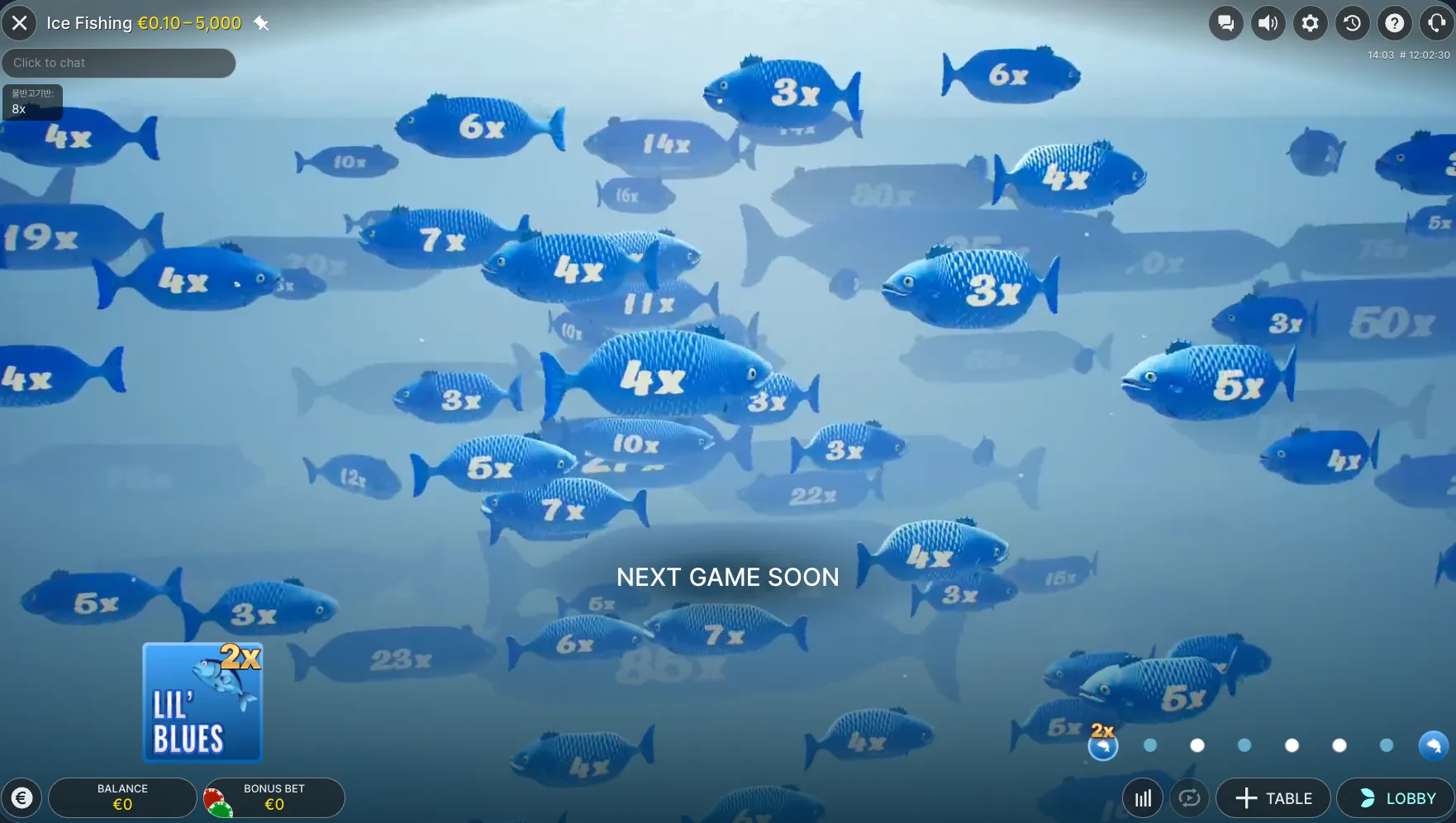 Ice Fishing waiting screen showing Next Game Soon before a round