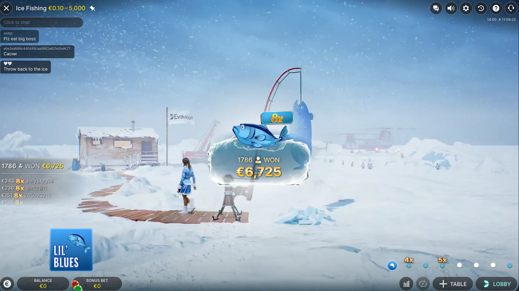 Ice Fishing win screen showing the payout after the catch
